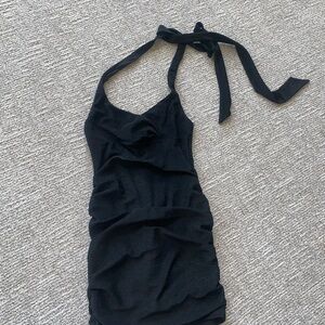 Lucy in the Sky Black Halter Ruched Mini Dress with Tie Neck